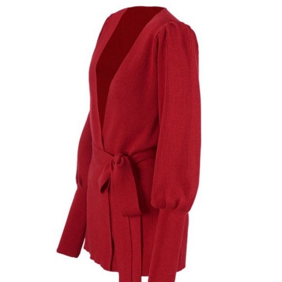 CAbi red puffed sleeve belted cardigan. Size MEDIUM - Picture 4 of 6